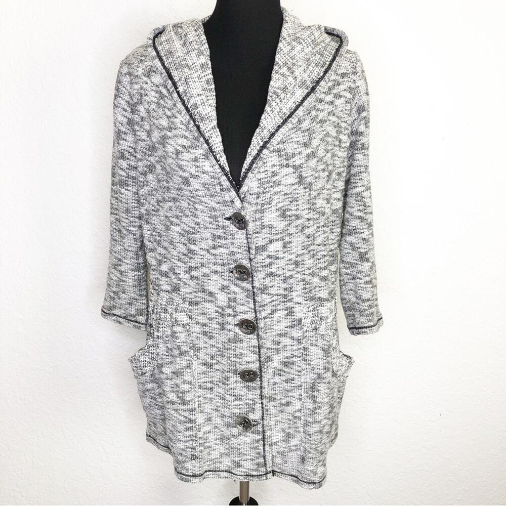 Soft Surroundings black white tweed knit button front hooded jacket size Medium